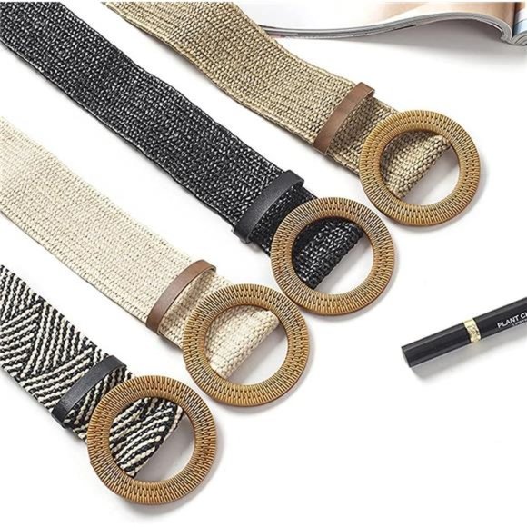 Women Straw Waist Belt，2 Pcs Elastic Waist Band Boho Braided Skinny Dress Belt